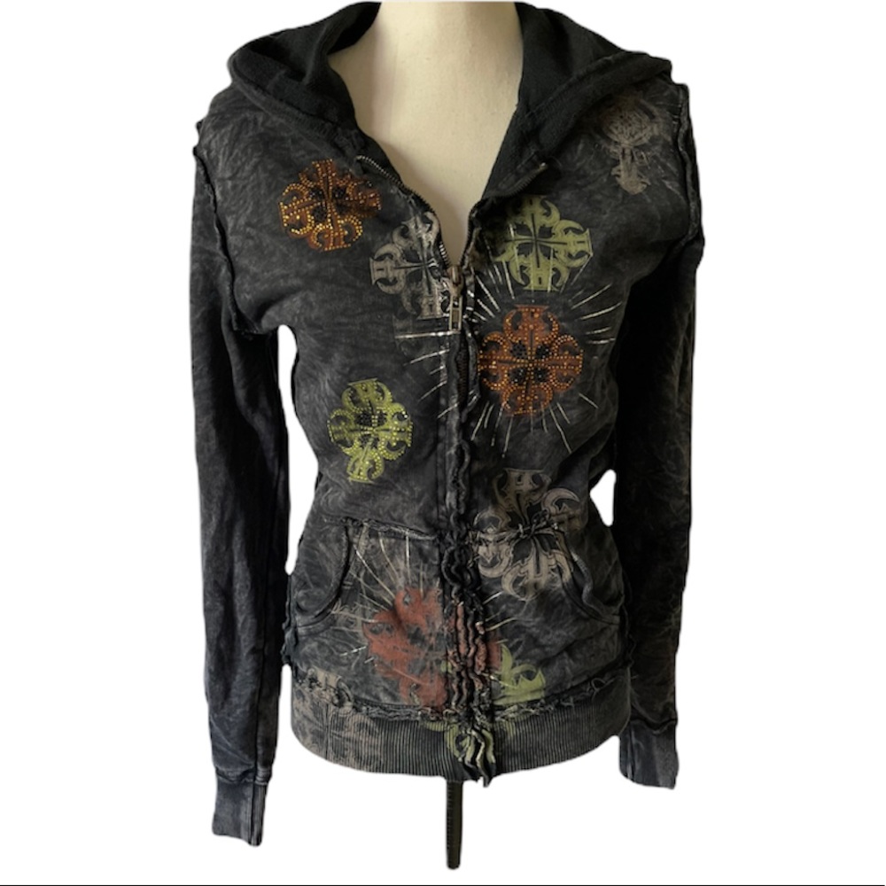 UHL Studios charcoal acid washed frayed hem gemstone hoodie sweatshirt sz. med